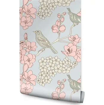 Fototapeta Tapeta květiny větvičky ptáci vrabci do obýváku