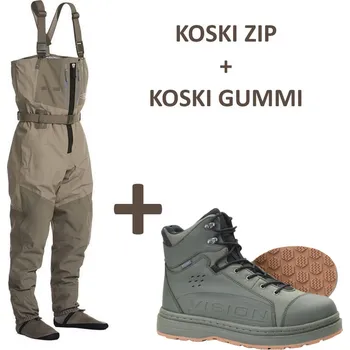 Rybářské oblečení VISION Brodící kalhoty KOSKI Waders ZIP - vel. MS + Vision Brodící boty KOSKI Green, Gumová podrážka - vel. EU 38