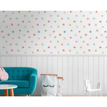 Tapeta DĚTSKÁ TAPETA BEZ NAPOJOVÁNÍ VZORU BAREVNÉ TEČKY BÍLÉ OBKLADY