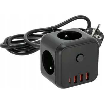 Napájecí kabel Prodlužovací Kabel USB KOSTKA 3 zásuvky 1,5m s uzemněním a vypínačem + 4xUSB černý