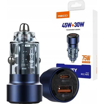 SUPER RYCHLÁ AUTOMOBILOVÁ NABÍJEČKA USB-C TYP C a USB QC PD 75W RECCI