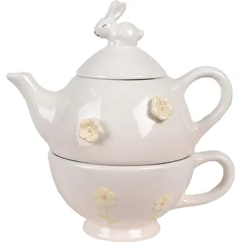 Růžový Tea for One s králíčkem Rabbi Pastel - 18*12*13 cm /Ø 15*11*7 cm 500 ml / 275 ml