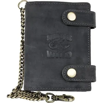Peněženka Kožená tmavě šedá peněženka Born to be wild se škorpionem, se dvěma upínkami a 30 cm dlouhým kovovým řetězem a kar