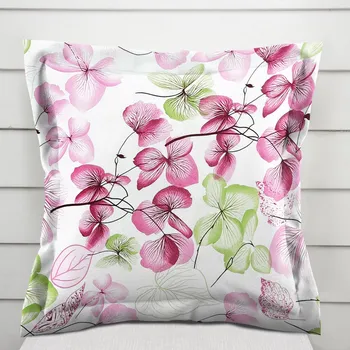 Povlak na polštářek Bavlněný povlak na polštář s lemem Sandra SA-366 Růžovo-zelené květy na bílém 50 x 50 cm