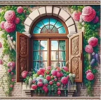 Diamantové malování Diamantové malování/Homfun - Květinové okno + perleťové kamínky (40x40)