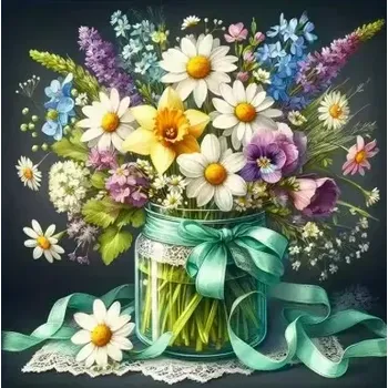 Diamantové malování Diamantové malování/Homfun - Barevné kvítí ve sklence + perleťové kamínky NOVINKA (40x40)