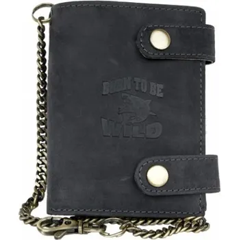 Peněženka Kožená tmavě šedá peněženka Born to be wild se žralokem, se dvěma upínkami a 30 cm dlouhým kovovým řetězem a karab