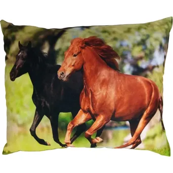 Dekorativní polštářek Polštářek s koněm , černý a hnědý kůň (polštář s koňmi , koně , kůň , koňská hlava , stádo koní)