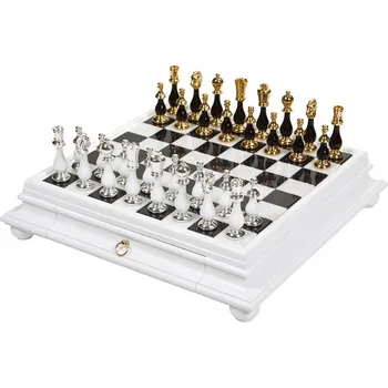Šachy ITALSKÉ ŠACHY MARMUR/DŘEVO BÍLÉ 46 + ŠACHOVÉ FIGURKY ZLATÉ/STŘÍBRO