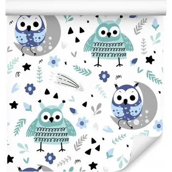 Fototapeta Dětská tapeta SOVY Ptáci Měsíc Květiny Rostliny
