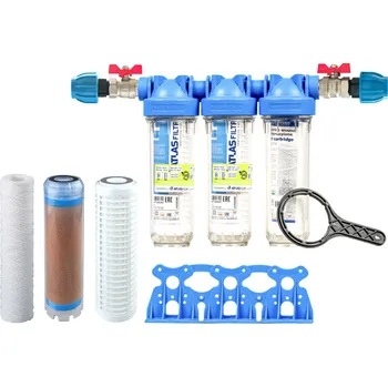 vodní filtr PRODO Sada filtru Senior 10" TRIO. Komplet připojení 3/4". Filtrace nečistot, redukce železa a manganu ( FE SX)