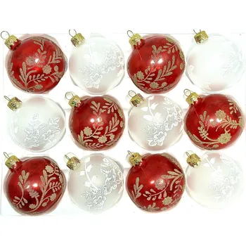 Vánoční ozdoba Irisa Skleněné vánoční koule 7 cm „Vánoční romance“ – Červená a bílá – sada 12 ks Velikost: 7 cm, Balení: 12ks, Barva: bílá;červená