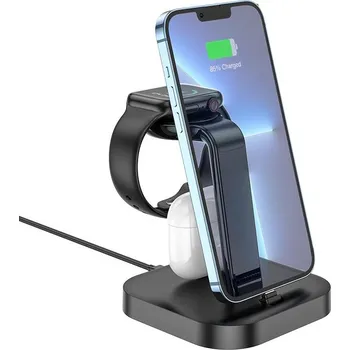 Stojánek / nabíječka 3v1 HOCO - lightning pro Apple iPhone + lightning AirPods + Watch - černý