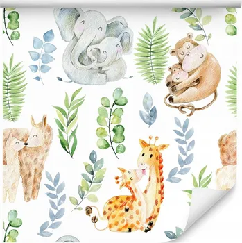 Fototapeta Tapeta pro děti žirafy opičky SLONI lamy listy