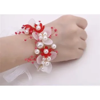 Čelenka Dívčí perlová květinová čelenka svatební | vlasové doplňky - Červená květina na zápěstí