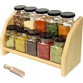 Dřevěný stojan NA KOŘENÍ + skleničky na koření 10 ks + naběračka