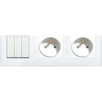 vypínač TROJITÝ SPÍNAČ 3K TLAČÍTKOVÝ MECHANICKÝ + 2x ZÁSUVKA SKLENĚNÝ SPÍNAČ