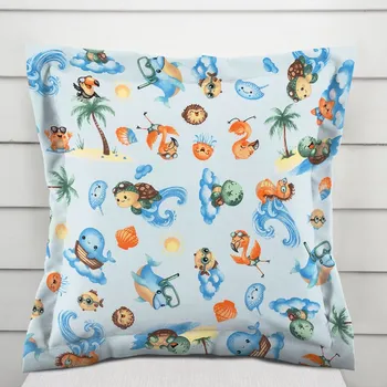Povlak na dekorativní polštářek Dětský bavlněný povlak na polštář s lemem Sandra SA-535 Mořská zvířátka na světle modrém 30 x 50 cm