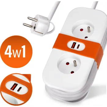 Napájecí kabel Prodlužovací Kabel s lištou bílý 1,4 m, 4 zásuvky s uzemněním a 2 USB zásuvky