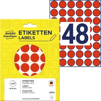 Samolepící etiketa Avery Zweckform 3374 Samolepicí kolečka Ø 18 mm, 1056 ks, červené