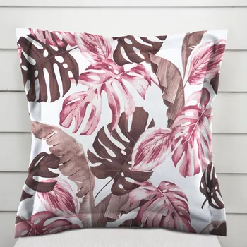 Povlak na polštářek Bavlněný povlak na polštář s lemem Sandra SA-227 Hnědé a starorůžové tropické listy na bílém 40 x 40 cm