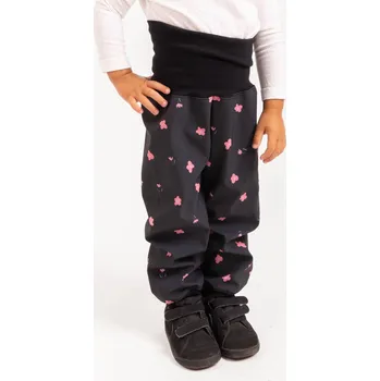 Dívčí oblečení Batolecí softshellové kalhoty UNUO s fleecem Basic, Černá, Květiny Velikost: 98/104