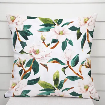 Povlak na dekorativní polštářek Bavlněný povlak na polštář Sandra SA-293 Magnolie se zelenými listy na bílém 40 x 60 cm