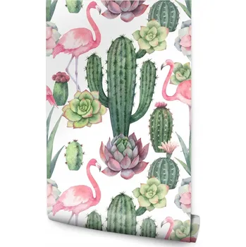 Fototapeta Tropická tapeta - Plameňáci a kaktusy /199894133