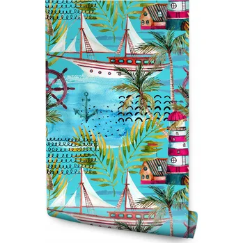 Fototapeta Tapeta pro Děti LODĚ Plachetnice Akvarel Palmy