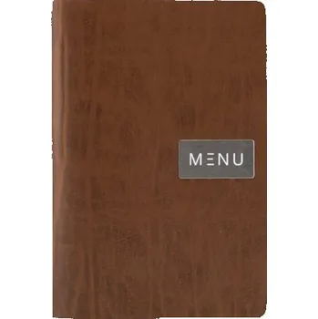 Jídelní lístek A5, lepená kůže, kovový štítek, desén Ruga, hnědá MC-LRA5-RUBR