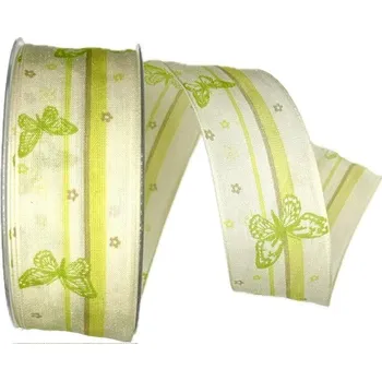 Stuha Stuha BUTTERFLY světle zelená 40mm x 20 m A ( 7,- Kč/m) (Potisk motýli, oboulící s drátkem)