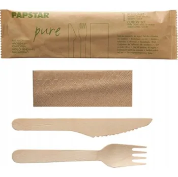 Příbor Sada: nůž, vidlička, ubrousek, dřevěné, balené v papíru, 50 ks