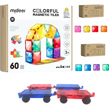 Hračka Mideer SADA Stavebnice 60 ks + Magnetické dílky CELKEM 100 ks + Podvozky 4 ks