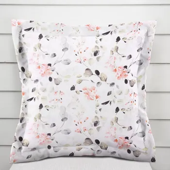 Povlak na polštářek Bavlněný povlak na polštář s lemem Sandra SA-288 Eukalyptus s růžovými květy na bílém 50 x 60 cm