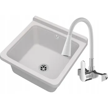 Granitový dřez TECHNICKÝ DŘEZ PRACOVNÍ BÍLÁ KOMORA DO DÍLNY GARÁŽ + ZDARMA STĚNOVÁ BATERIE