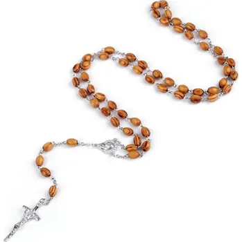 Náhrdelník Růženec s dřevěnými korálky - 1 přírodní stř.