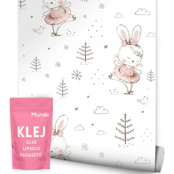 Fototapeta TAPETA V ROLI PRO DĚTI KRÁLÍČCI BALETKY ZVÍŘÁTKA STYL BOHO OBLÁČKY