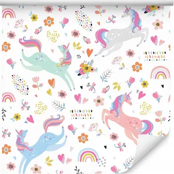 Fototapeta Tapeta PRO HOLČIČKU Jednorožci Srdíčka Květiny Růžová