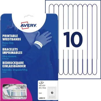 Samolepící etiketa Avery Zweckform L4000-10 Identifikační náramky 265x18 mm, 100 ks, bílé + online software pro potisk etiket + tisková šablona ke stažení zdarma