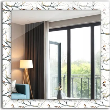 Zrcadlo Krásné čtvercové zrcadlo na zeď s potiskem Dekor Ptáci na větvích 60x60 cm