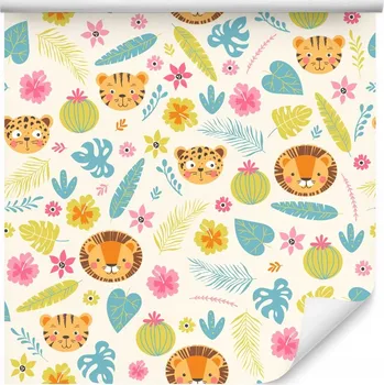 Fototapeta Dětská tapeta se zvířátky: Lvi, tygři a rostliny