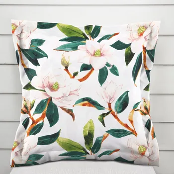 Povlak na polštářek Bavlněný povlak na polštář s lemem Sandra SA-293 Magnolie se zelenými listy na bílém 50 x 60 cm