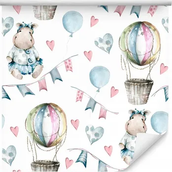 Fototapeta Dětská tapeta Hroši Balónky Srdce Akvarel