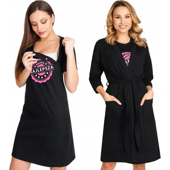 Dámská noční košile NOČNÍ KOŠILE S ŽUPANEM TĚHOTENSKÝ KOMPLET DO PORODNICE ČERNÁ M