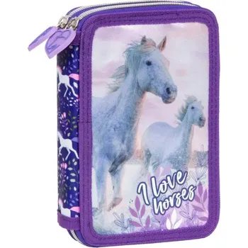 Penál Školní dvoupatrový plně vybavený penál koně I Love Horses