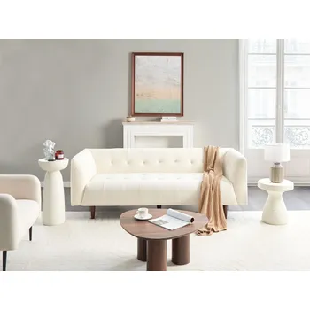 Pohovka Pohovka krémová bílá buklé čalounění dřevěné nohy z kaučukového dřeva 3místná knoflíkový gauč obývací pokoj Beliani