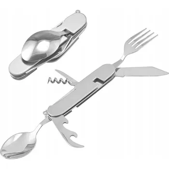 Příbor NIEZBĘDNIK VOJENSKÝ TURISTICKÝ OCELOVÝ NŮŽ VIDLIČKA LŽÍCE OTVÍRÁK 4v1