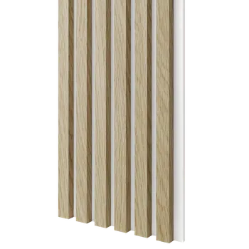 Obklad Lamele 3D Dřevěné lamely ÚZKÉ na BÍLÉ desce (MDF), EVROPSKÝ DUB, CPL PREMIUM, 24 x 300 x 2750 mm (0,825 m2)