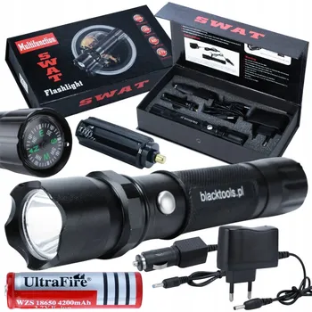 VÝKONNÁ TAKTICKÁ LED SVÍTILNA PRO PŘEŽITÍ S KOMPASEM, NABÍJECÍ, SWAT ČERNÁ