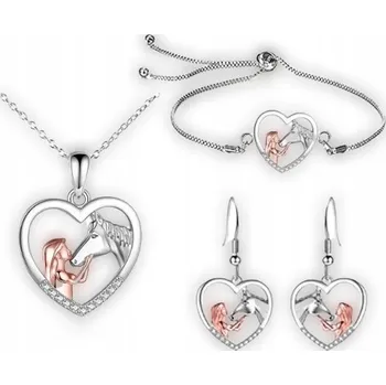 Náramek Sada: Náramek, Náhrdelník a Náušnice - Koník / Kůň v Srdíčku - 3 kusy stříbrná